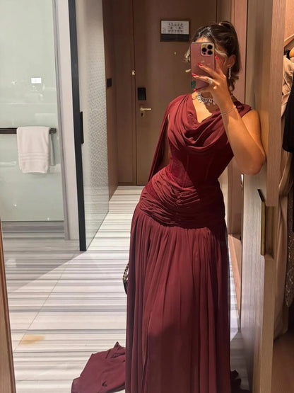 Romantic Ruched Chiffon Prom Dress Long A-line Party Outfits