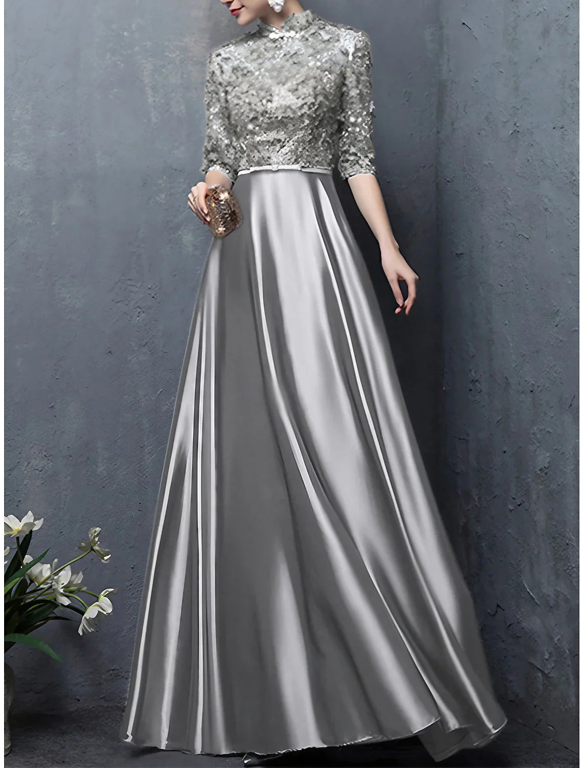 A-Line Mother of the Bride Dress Wedding Guest Elegant Vintage High Neck Floor Length Satin Half Sleeve with Bow(s) Appliques