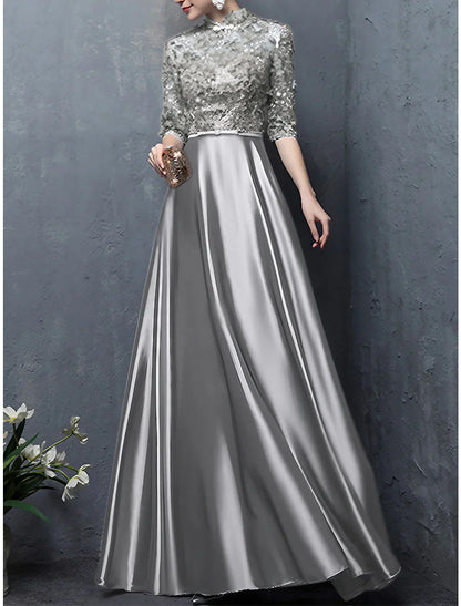A-Line Mother of the Bride Dress Wedding Guest Elegant Vintage High Neck Floor Length Satin Half Sleeve with Bow(s) Appliques