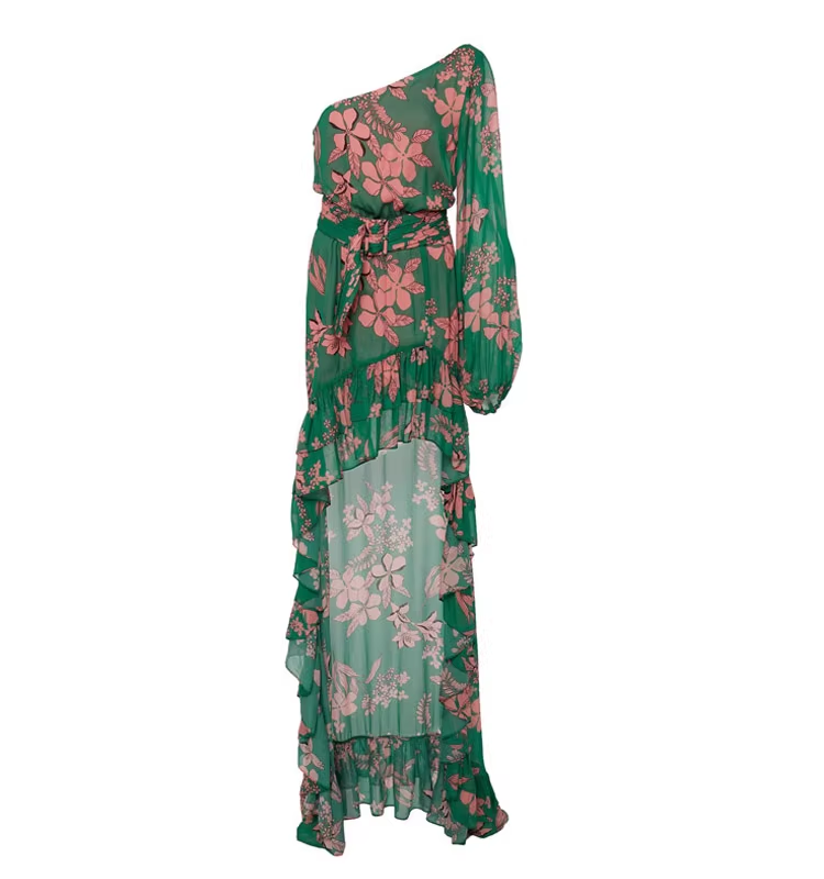 Fashion Green Floral Asymmetric Ruffled Hem Design A-line Party Dress HZ1024