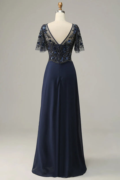 Navy blue decal sequin bridal mother dress
