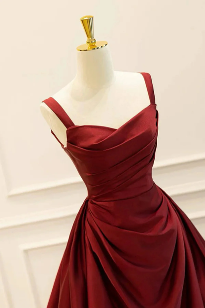 Wine Red Satin Straps Party Dress Long A line Evening Gowns Elegant