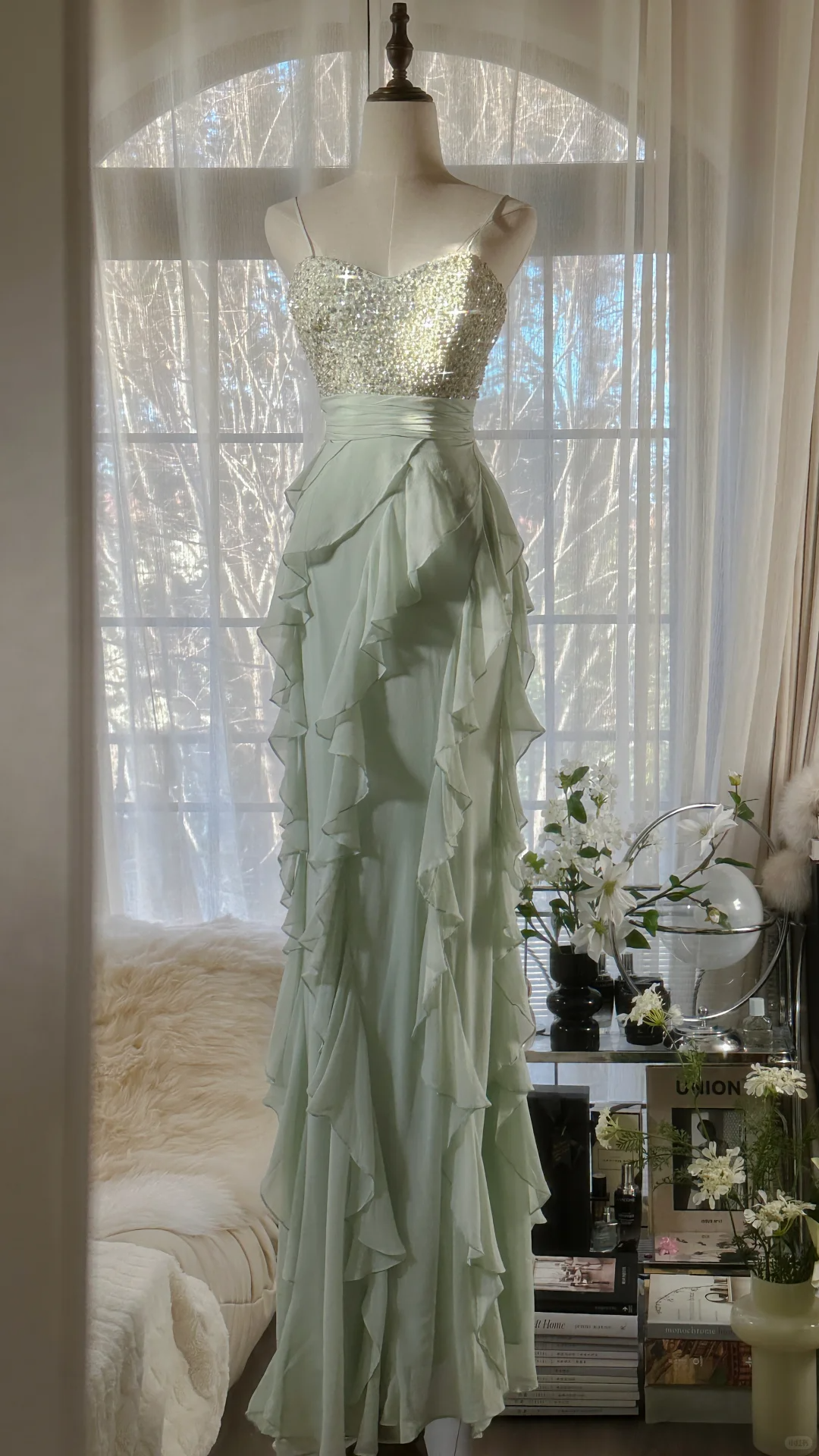 Vintage Light Green Shiny Spaghetti Strap Design Romantic Chiffon Evening Dress Prom Dress HZ1024