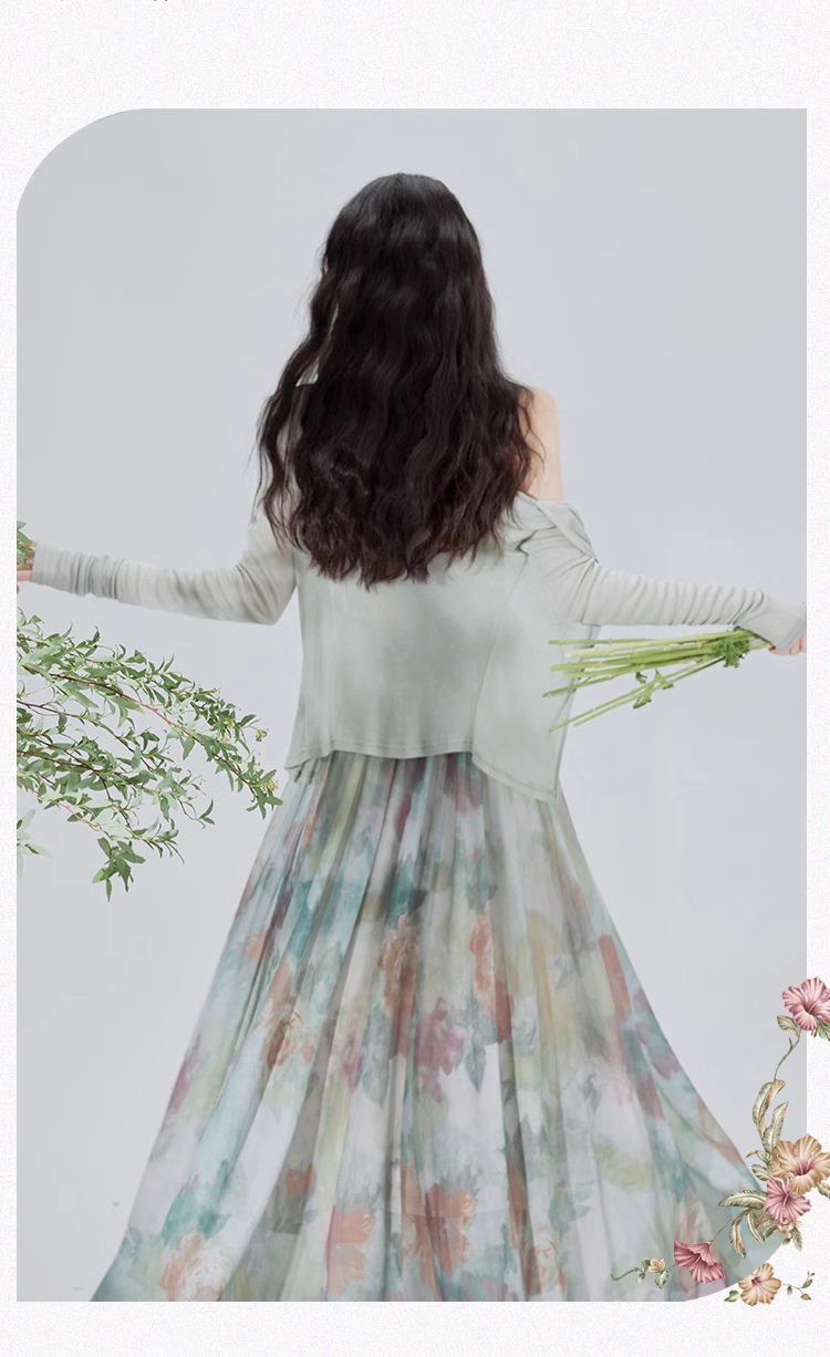 Vintage Fashion Floral Print Design Long-sleeved Cardigan A-line Long Spaghetti Strap Dress HZ1024