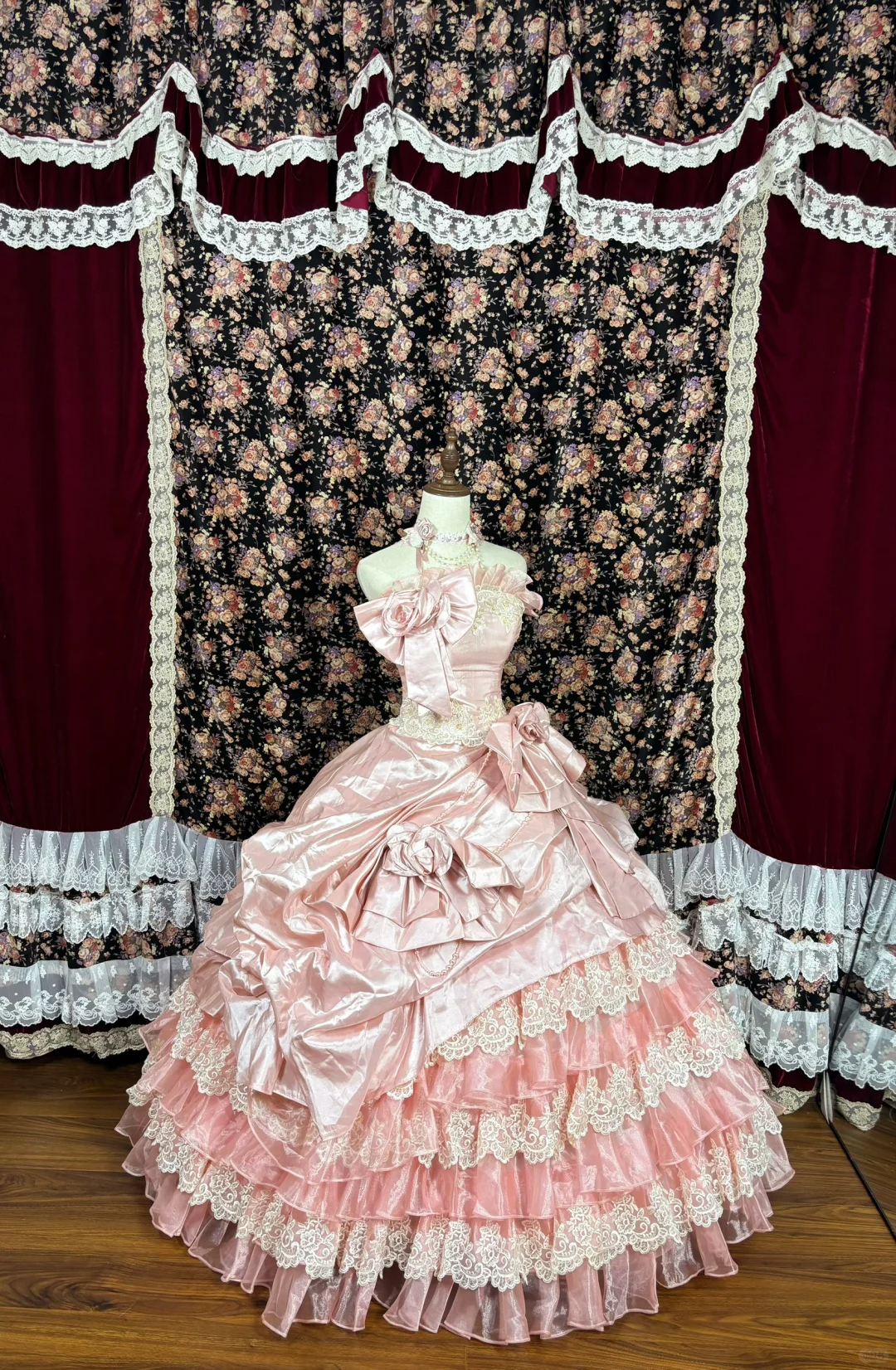 Vintage Pink Lace Satin Quinceanera A-Line Tiered Dress Evening Ball Gown HZ1024