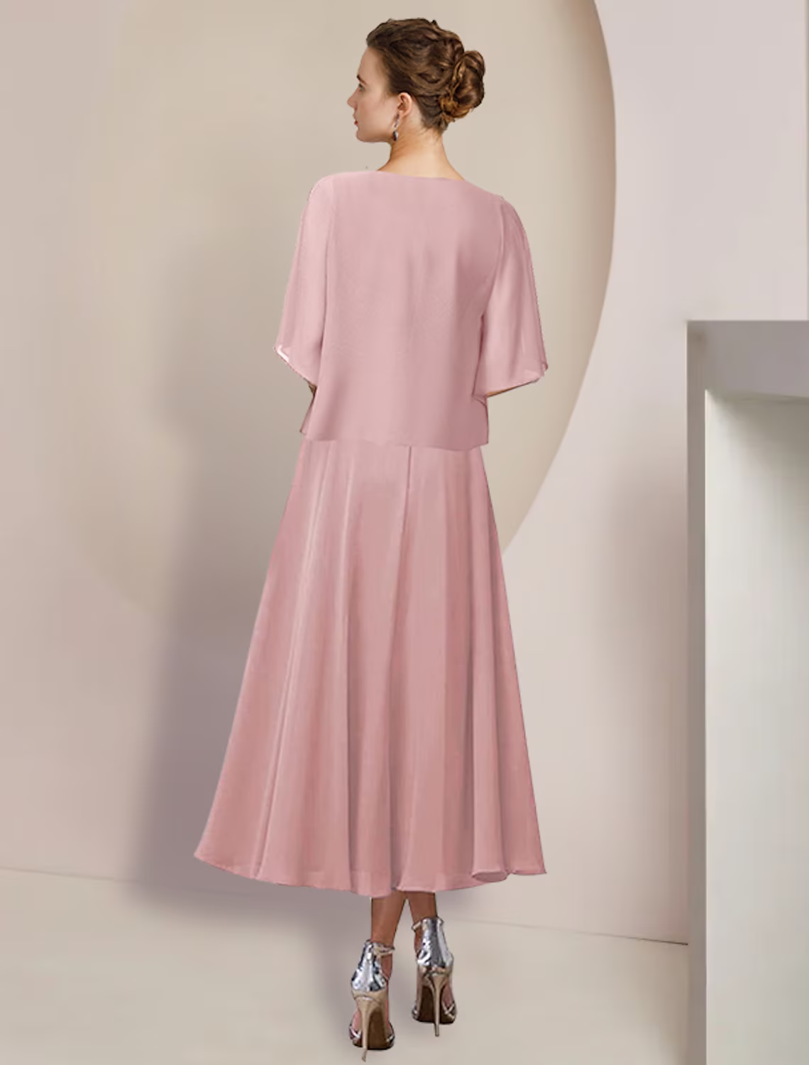 Two Piece A-Line Mother of the Bride Dress Formal Wedding Guest Elegant V Neck Chiffon Lace Sleeve Wrap Included with Appliques