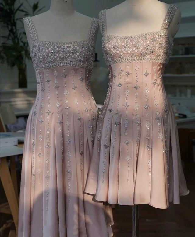 Girlhomeshops-Pink Gorgeous Exquisite Beaded Short Satin Homecoming Dress Birthday Dress gh5306