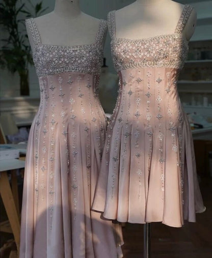 Girlhomeshops-Pink Gorgeous Exquisite Beaded Short Satin Homecoming Dress Birthday Dress gh5306