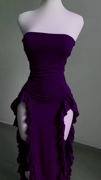 Strapless Midi Length Ruffle Prom Dress Sexy Evening Dress HZ1024