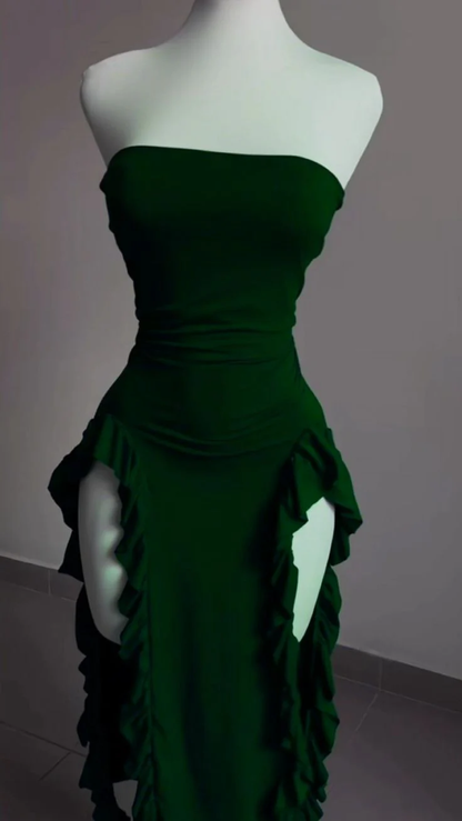 Strapless Midi Length Ruffle Prom Dress Sexy Evening Dress HZ1024