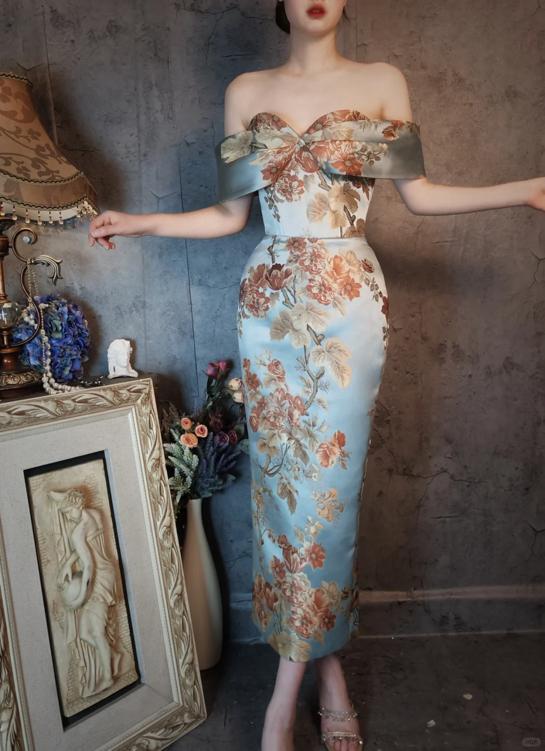 Vintage Floral Off-the-shoulder Sweetheart Design Elegant Satin Evening Dress Prom Dress HZ1024