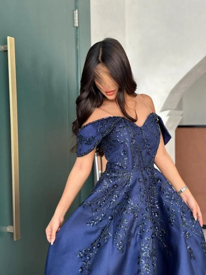 Vintage A line Off The Shoulder Navy Blue Satin Lace Long Evening Dress Prom Dresses HZ1024