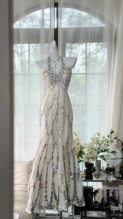 Vintage White Beaded Sparkling Long Chiffon Spaghetti Strap Romantic Ball Gown Evening Dress Prom Dresses HZ1024