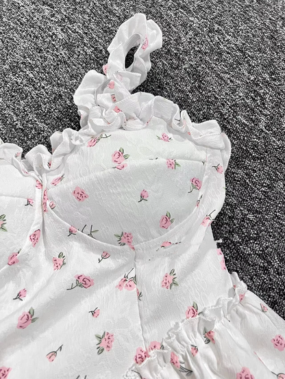 New Fashion Pink Floral Design A-line Sleeveless Spaghetti Strap Tiered Dress HZ1024