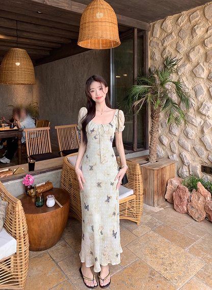 New Fashion Butterfly Design Short Sleeve Casual Floral Dress HZ1024