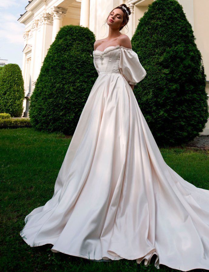 girlhomeshops- White Short-Sleeved Beaded Satin Long Wedding Dress gh6221