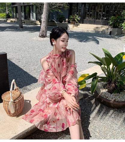 New Fashion Pink Floral Design Long Sleeves Off-the-shoulder A-Line Halter Dress HZ1024