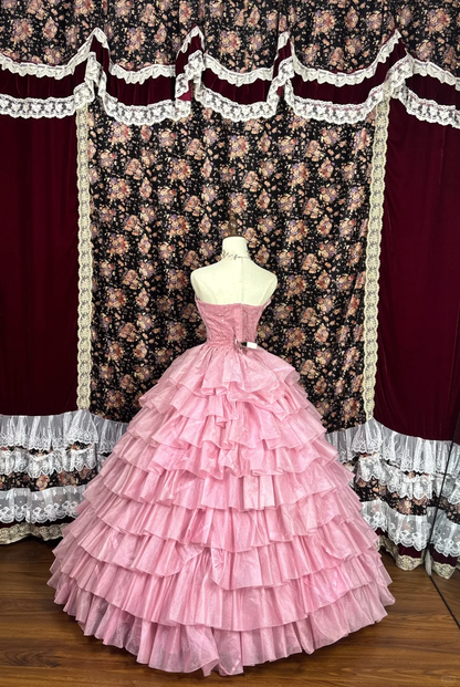 Retro Pink Strapless A-Line Satin Quinceanera Dresses Sweet 16 Birthday Ball Gowns, HZ0319