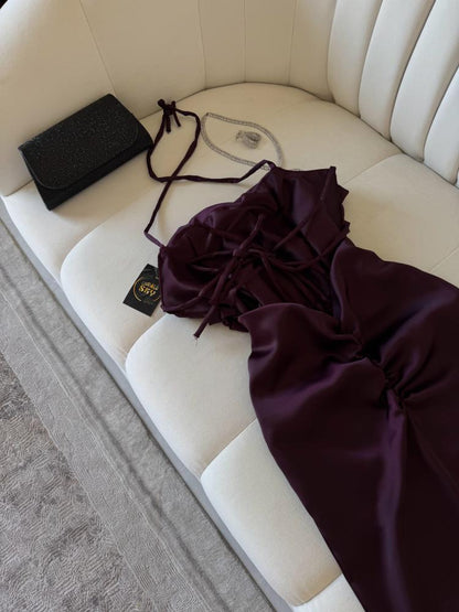 Elegant Sheath Halter Sleeveless Burgundy Satin Backless Prom Dresses Long Evening Dress HZ1024