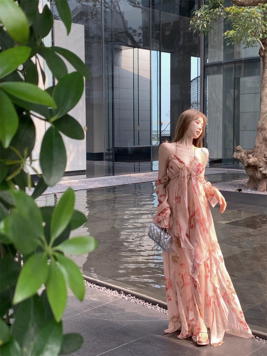 Fashion Pink Off-the-shoulder Design A-line Floral Dress HZ1024