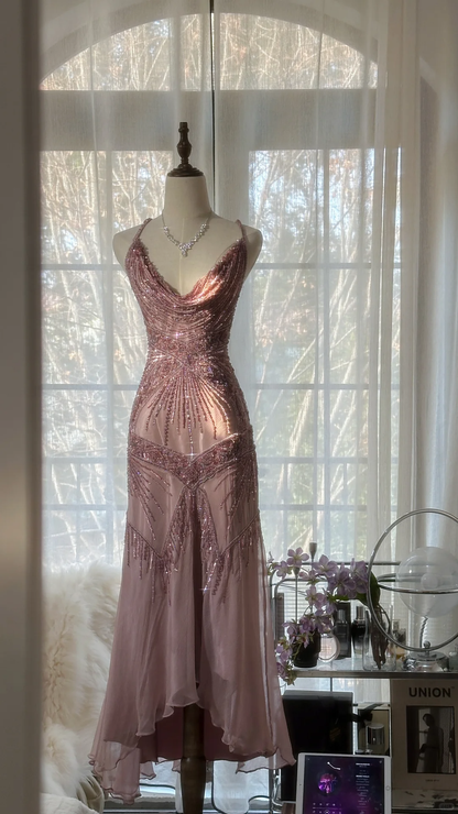 Vintage Pink Sparkling Elegant Beaded Sweetheart Romantic Chiffon Evening Dress HZ1024
