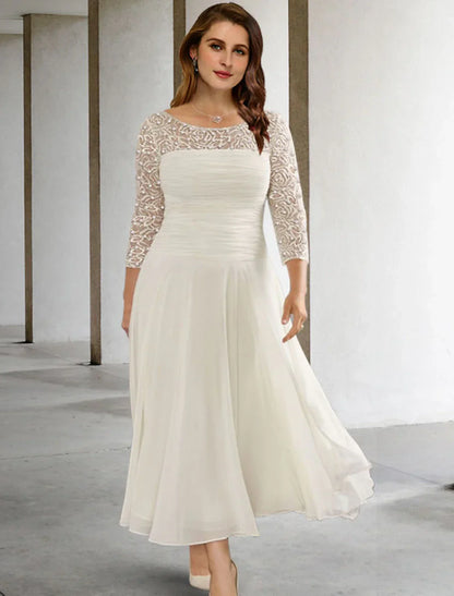 A-Line Plus Size Curve Mother of the Bride Dresses Elegant Dress Formal Wedding Guest Tea Length 3/4 Length Sleeve Jewel Neck Chiffon with Ruched Beading Sequin