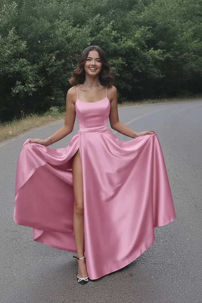 Simple A Line Red Satin Prom Dresses Long with High Slit Formal Graduation Evening Dresses