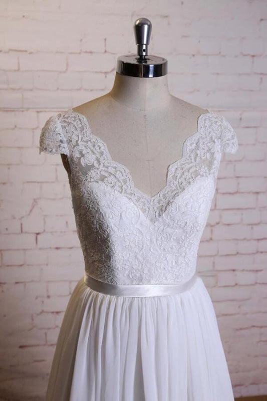 Cap Sleeve A-line Lace Chiffon Wedding Dress