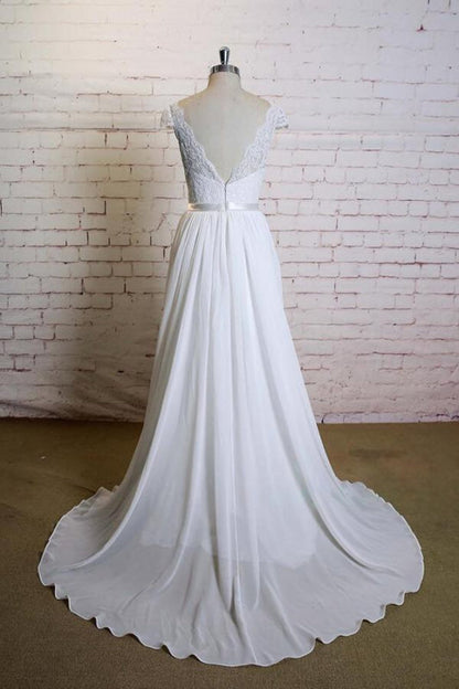 Cap Sleeve A-line Lace Chiffon Wedding Dress