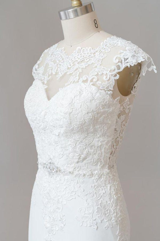 Cap Sleeve Illusion Lace Sheath Wedding Dress