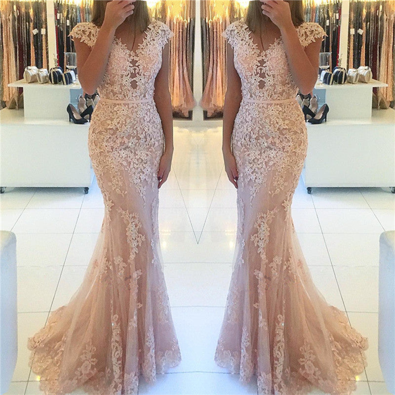 Cap Sleeve Mermaid Prom Dress with Appliques