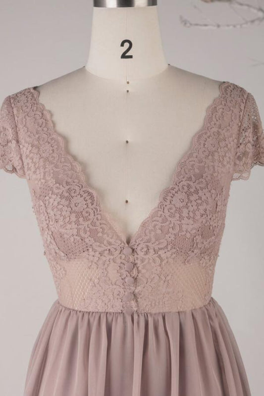 Cap Sleeve V-neck Lace Chiffon A-line Wedding Dress