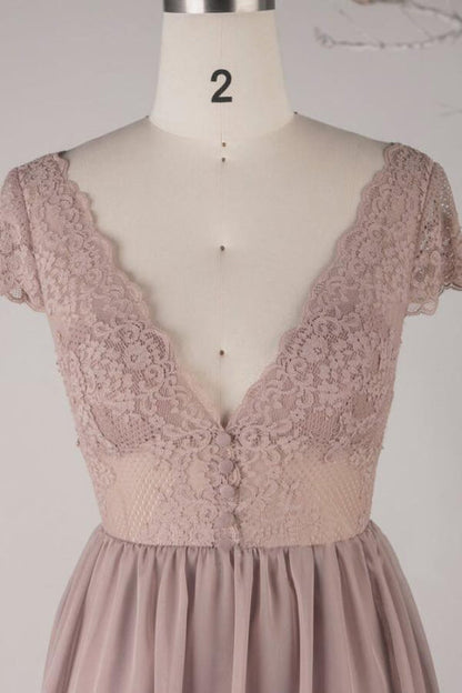 Cap Sleeve V-neck Lace Chiffon A-line Wedding Dress