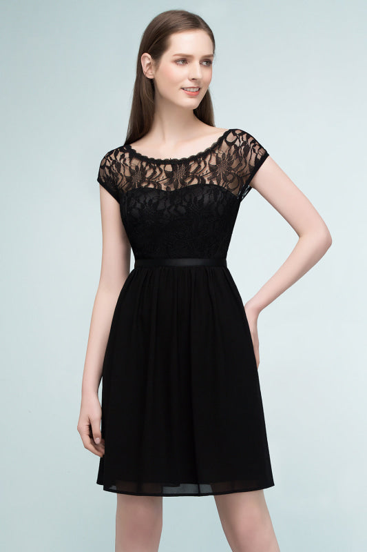 Cap Sleeves Chiffon Short Bridesmaid Dress Black