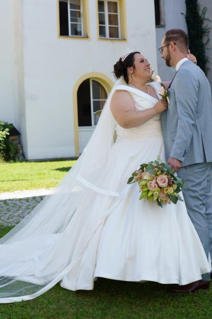 Cap Sleeves Ruffle Satin Wedding Dress Plus Size Princess Ball Gown