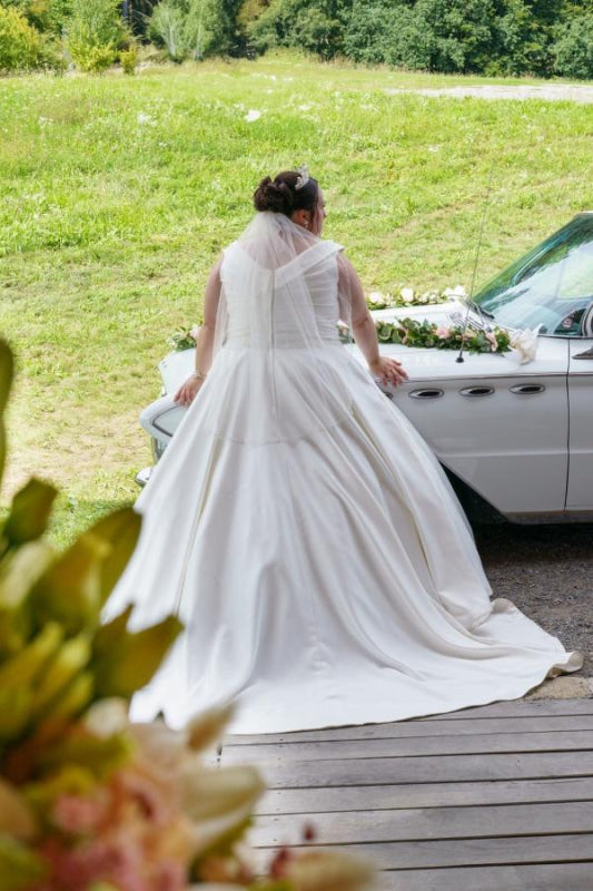 Cap Sleeves Ruffle Satin Wedding Dress Plus Size Princess Ball Gown
