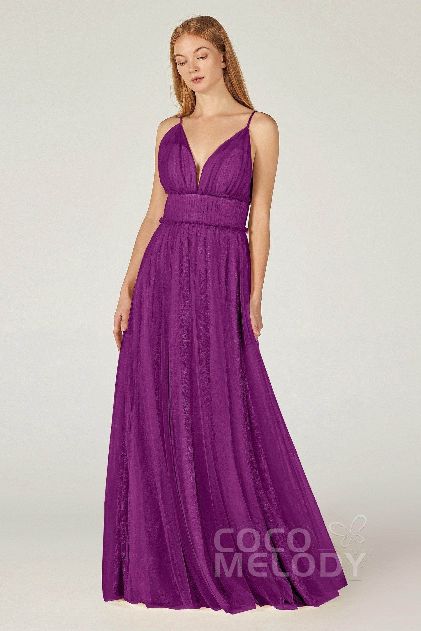A-Line Floor Length Tulle Lace Bridesmaid Dress CB0374