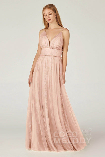 A-Line Floor Length Tulle Lace Bridesmaid Dress CB0374