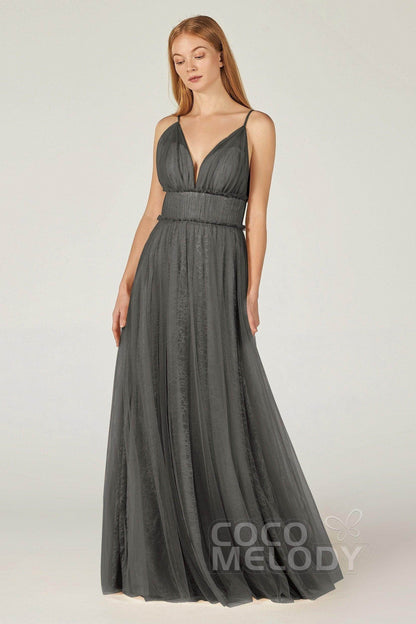 A-Line Floor Length Tulle Lace Bridesmaid Dress CB0374