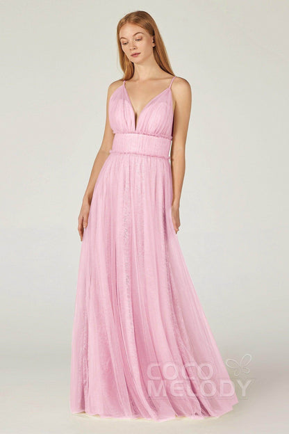 A-Line Floor Length Tulle Lace Bridesmaid Dress CB0374