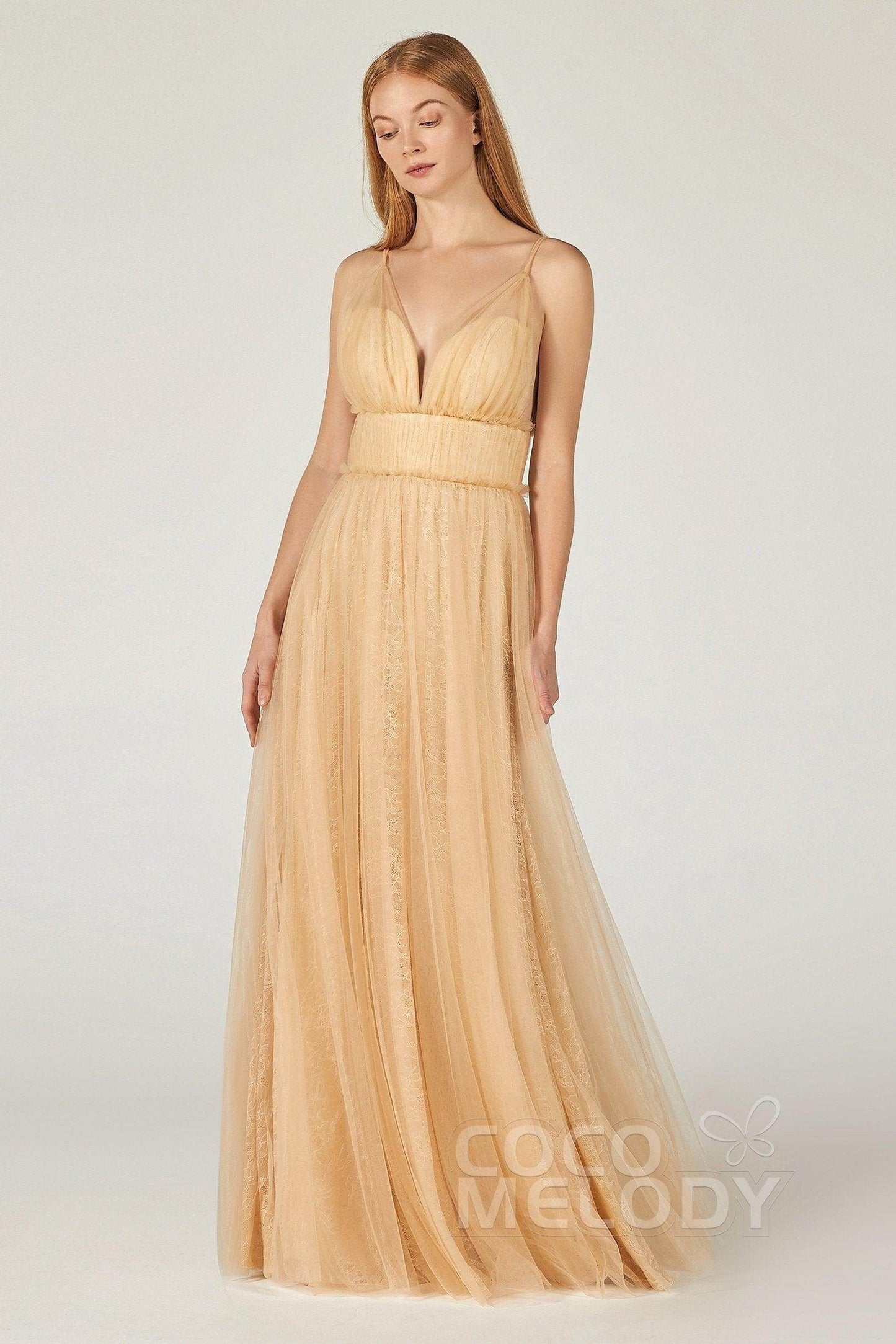 A-Line Floor Length Tulle Lace Bridesmaid Dress CB0374