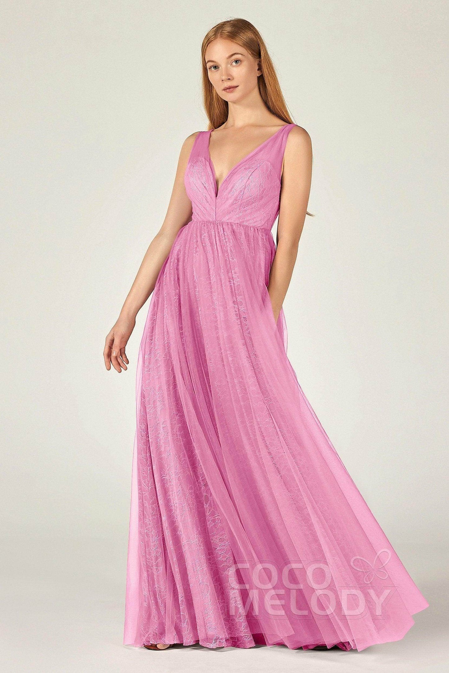 A-Line Floor Length Tulle Lace Bridesmaid Dress CB0375