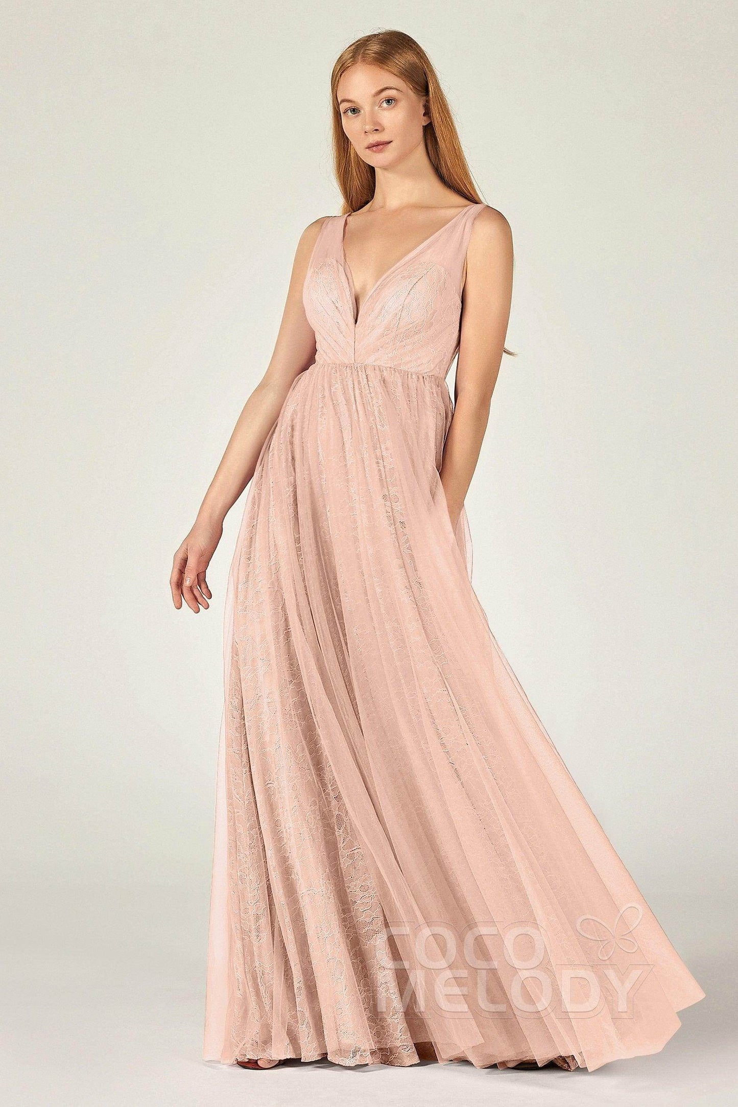 A-Line Floor Length Tulle Lace Bridesmaid Dress CB0375