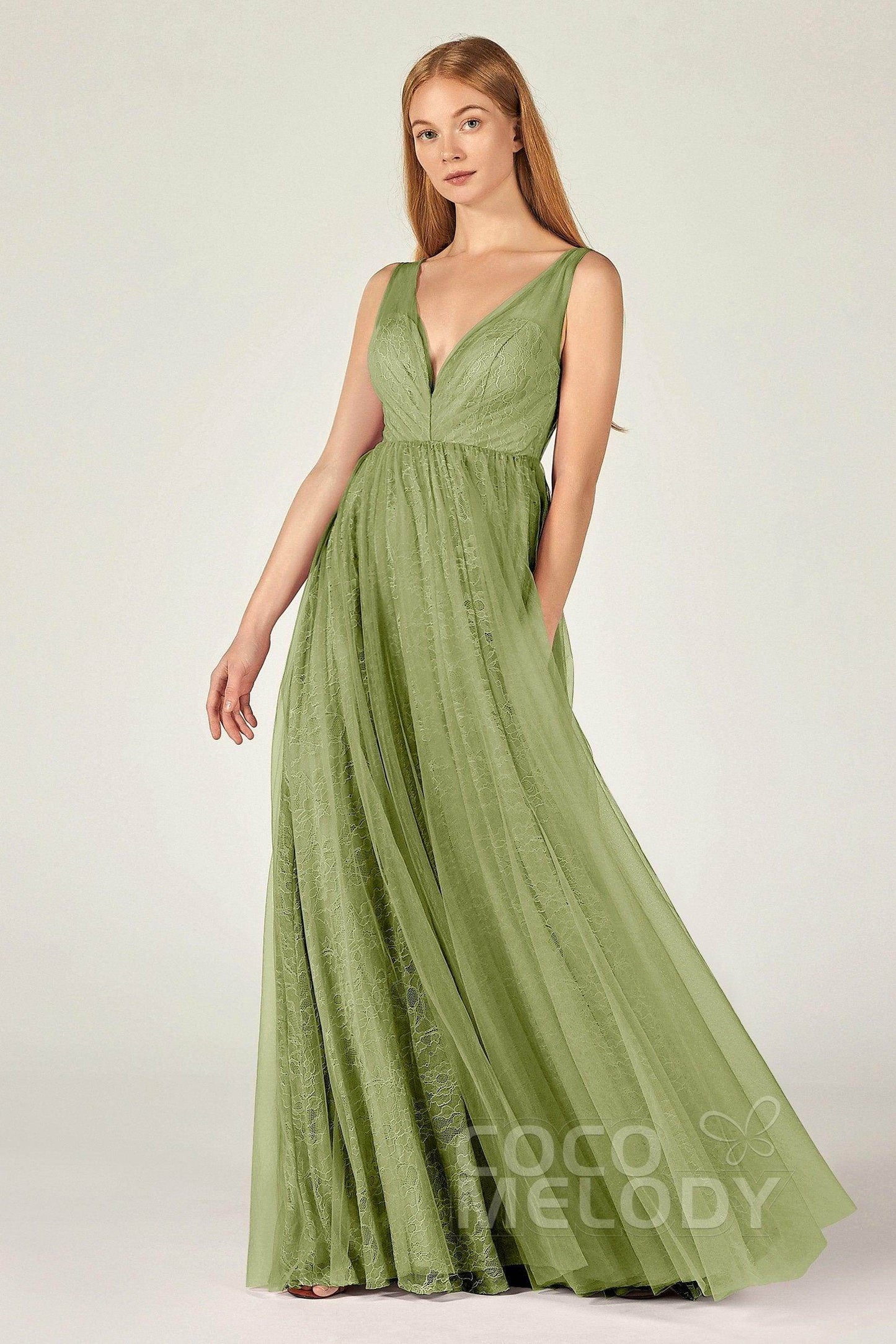 A-Line Floor Length Tulle Lace Bridesmaid Dress CB0375