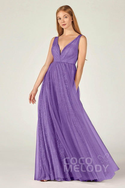 A-Line Floor Length Tulle Lace Bridesmaid Dress CB0375