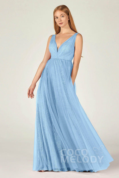 A-Line Floor Length Tulle Lace Bridesmaid Dress CB0375