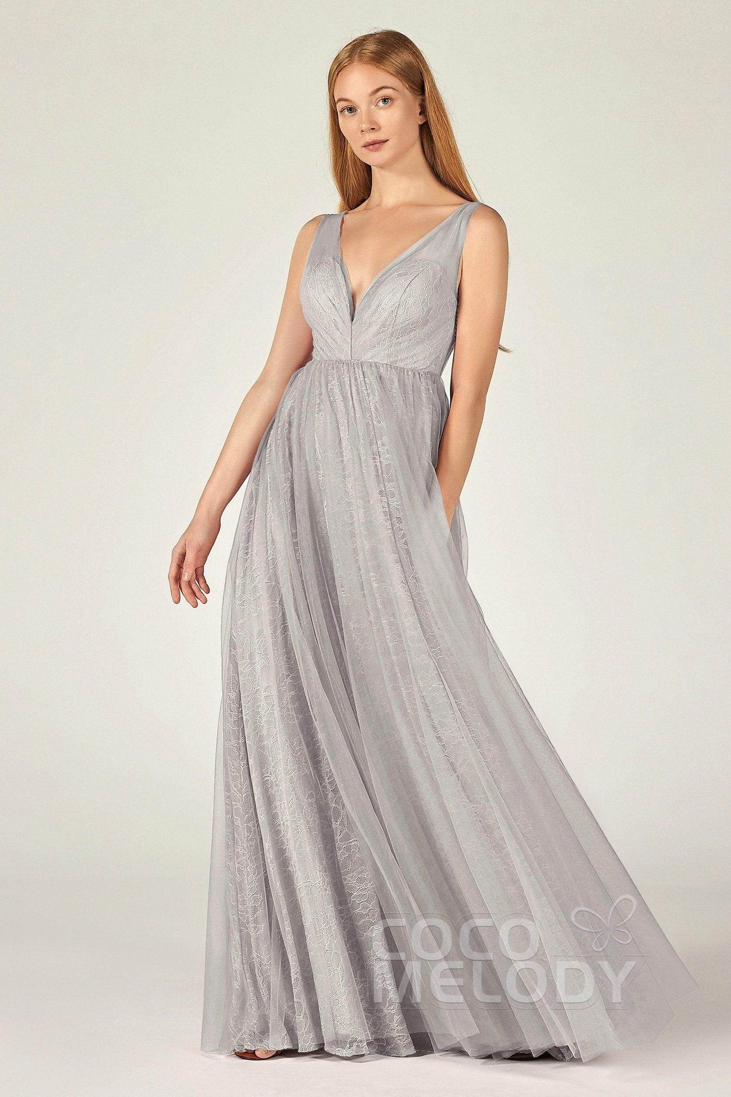 A-Line Floor Length Tulle Lace Bridesmaid Dress CB0375