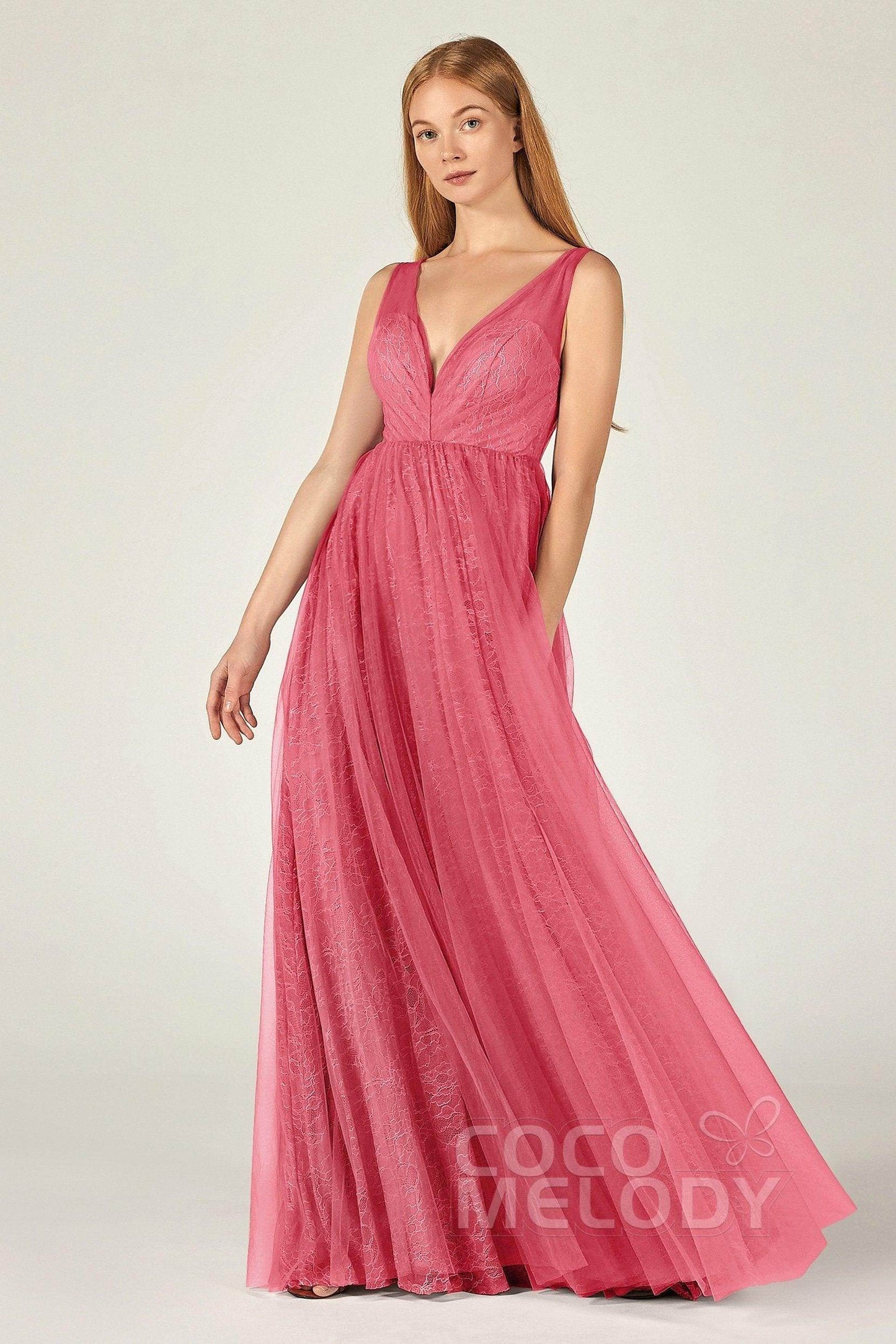 A-Line Floor Length Tulle Lace Bridesmaid Dress CB0375