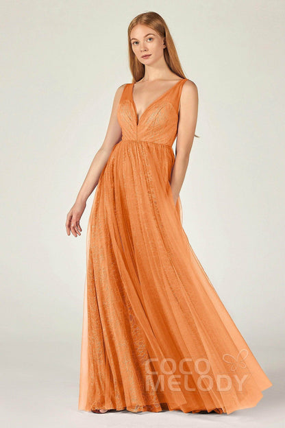 A-Line Floor Length Tulle Lace Bridesmaid Dress CB0375