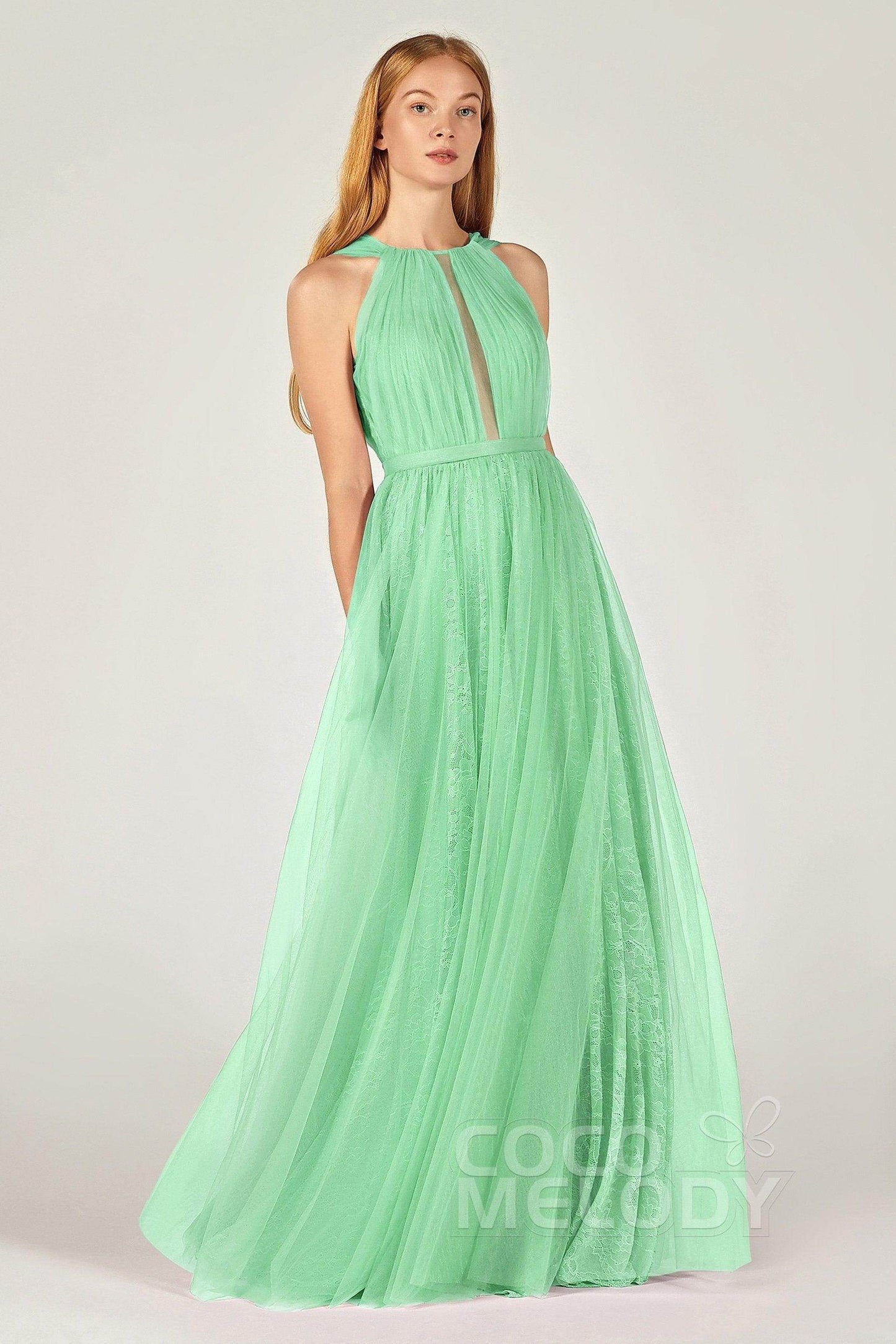 A-Line Floor Length Tulle/Lace Bridesmaid Dress CB0376